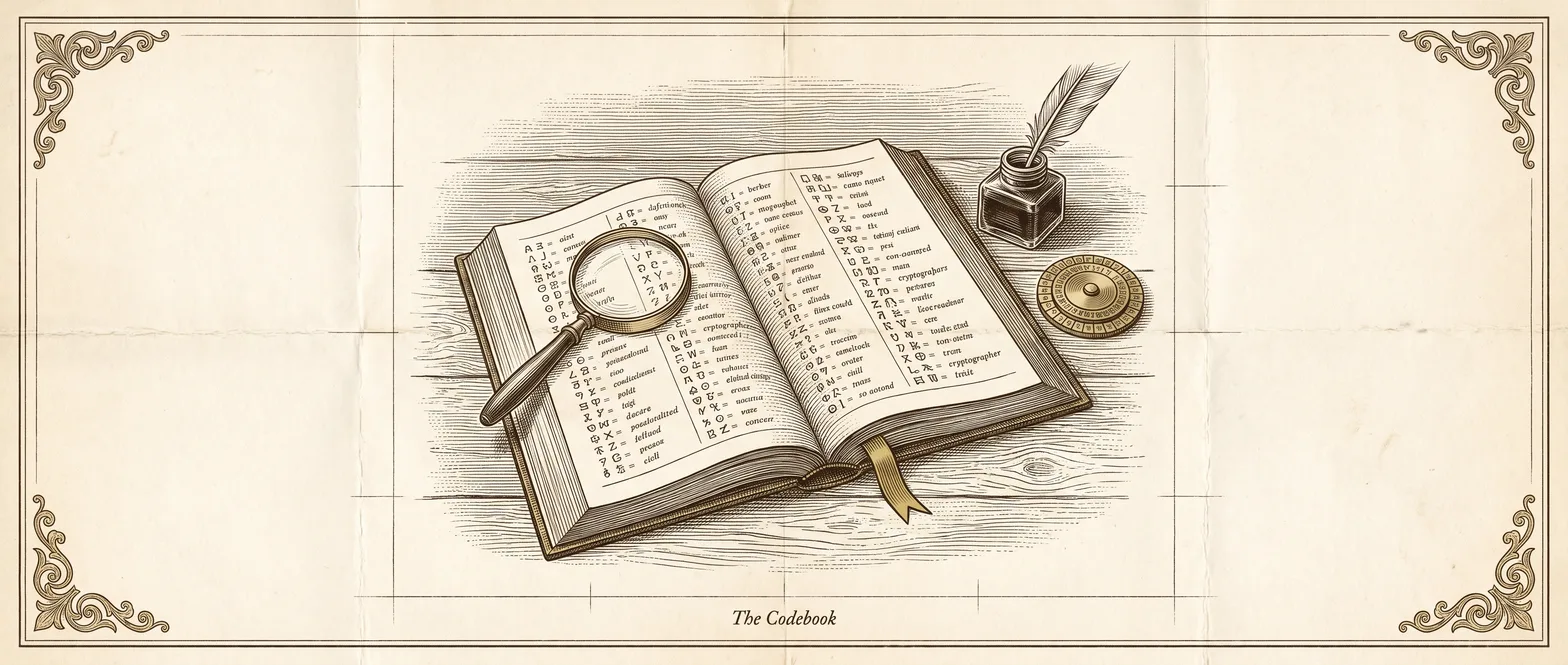 An open codebook of protocol terms laid out on dark wood: the Codebook.