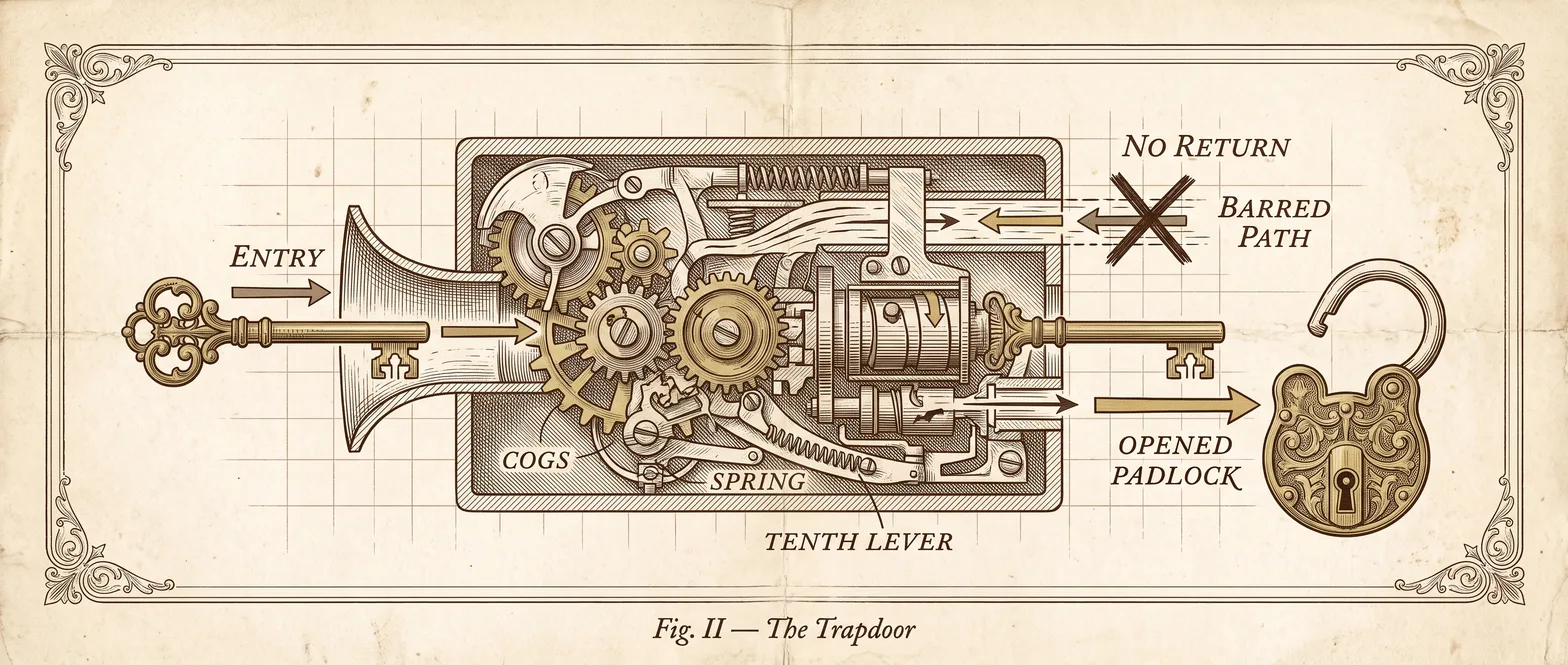 A single brass key casting a long shadow across a wall of dense, unreadable ciphertext.