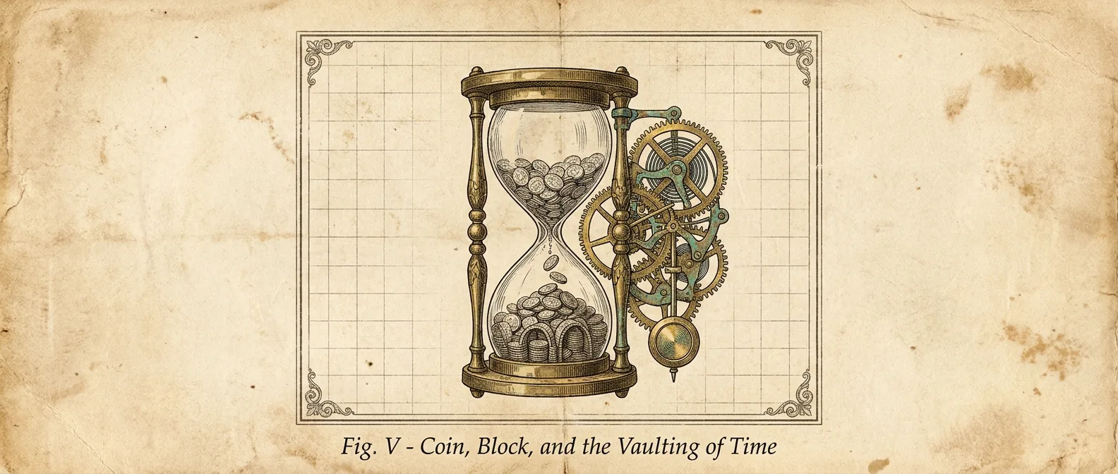 An hourglass of coins beside a clockwork gear-train — coin, block, and vaulted time.