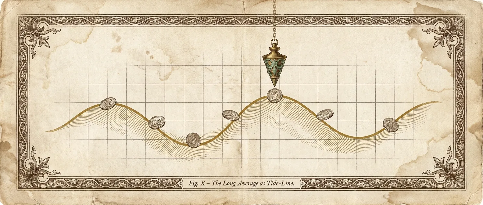A long moving-average tide-line with coins riding it and a plumb-bob measuring the extension.