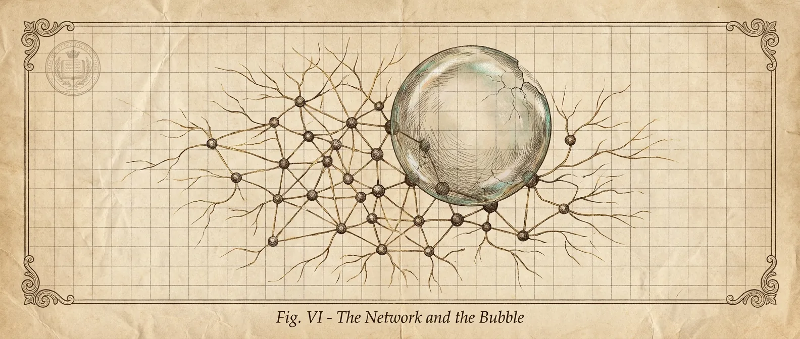 An engraved lattice of interconnected nodes with a translucent bubble swelling to burst.