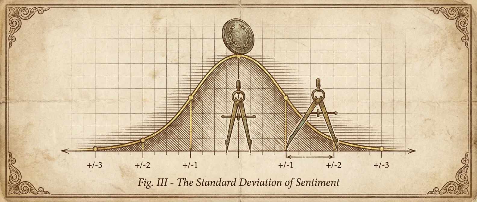 A Gaussian bell curve on graph paper with brass dividers stepping off standard deviations.