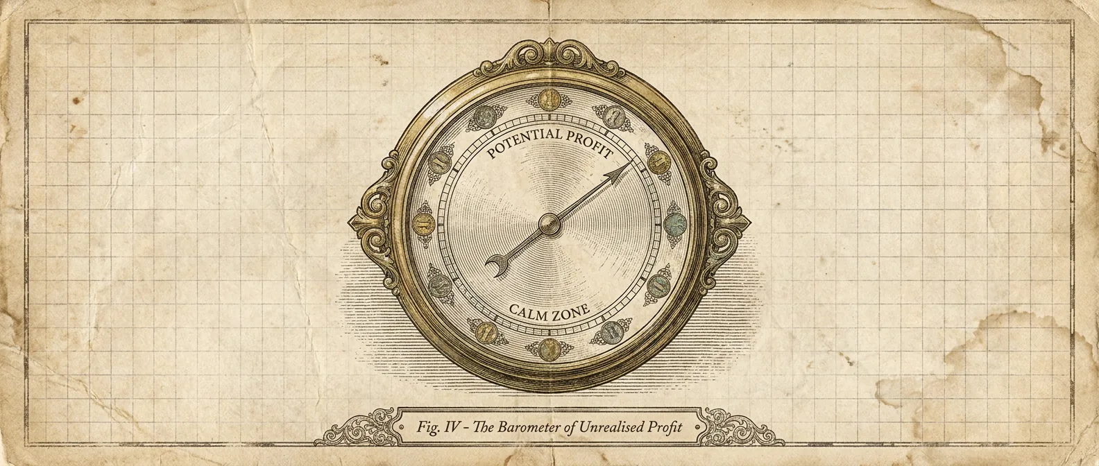An antique barometer dial, its needle swinging from calm toward euphoria.