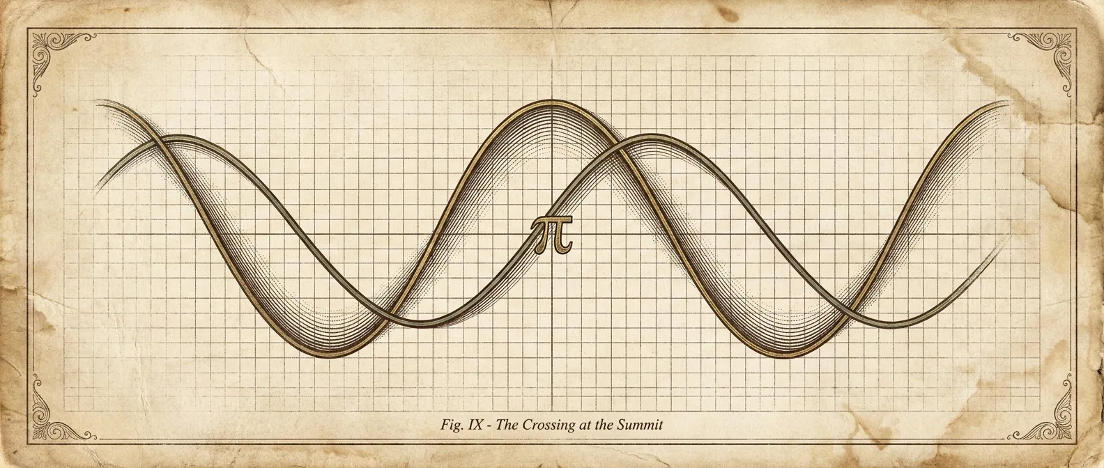 Two moving-average waves crossing at a single summit, a Greek pi worked into the crossing.