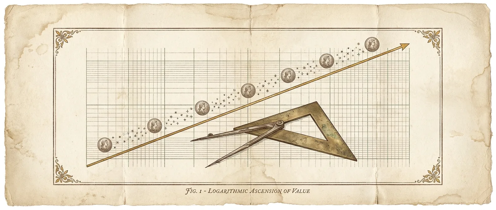 A straight golden line ruled across log-log graph paper by brass dividers and a set-square, coins ascending it.