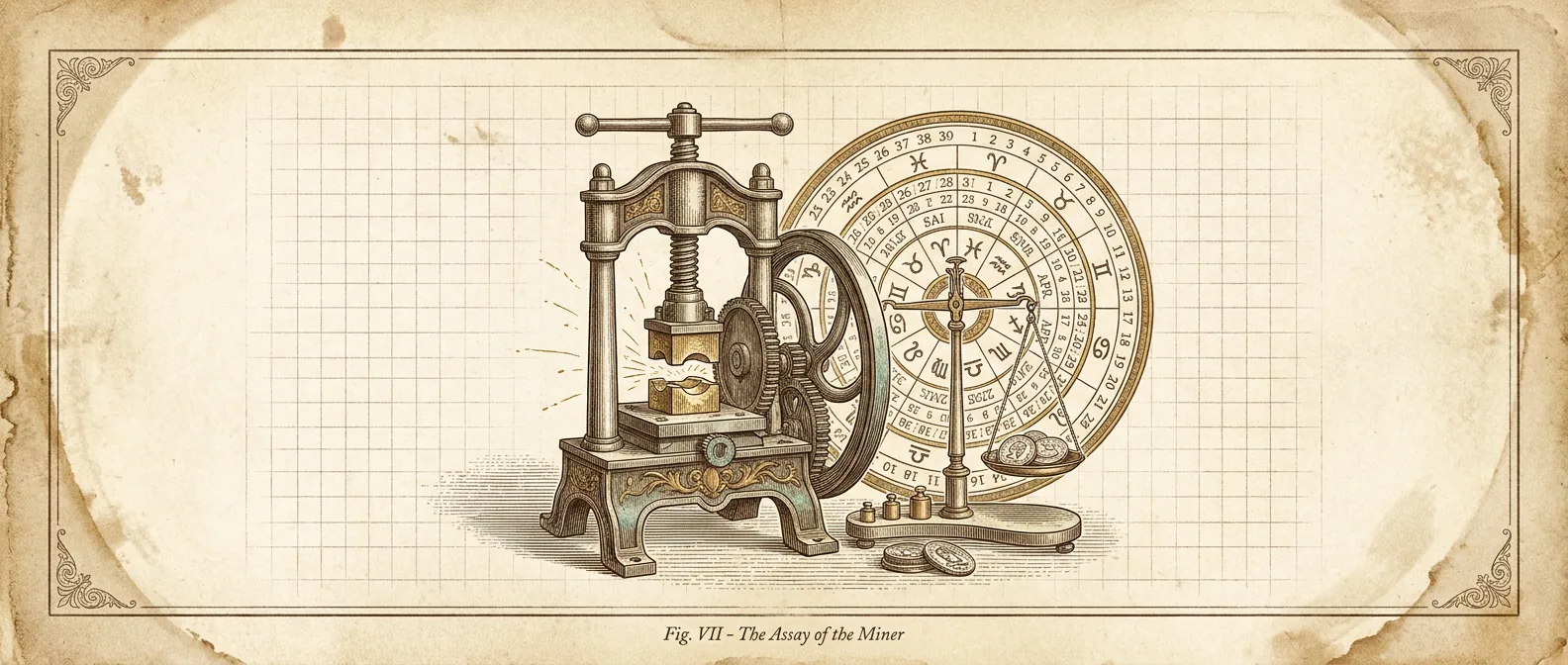 A minting press and assayer’s balance weighing struck coins against a 365-day almanac wheel.
