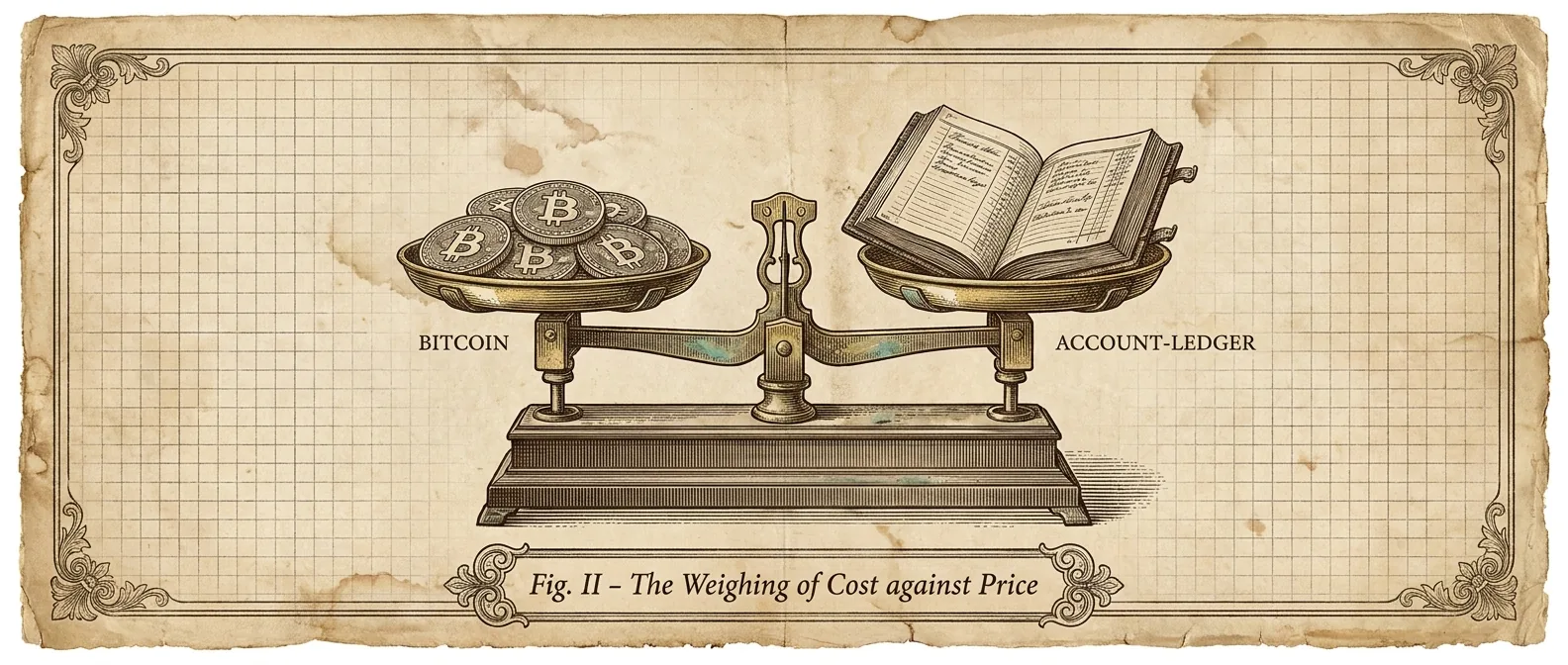 An engraved brass balance scale weighing bitcoin coins against a ledger — cost against price.