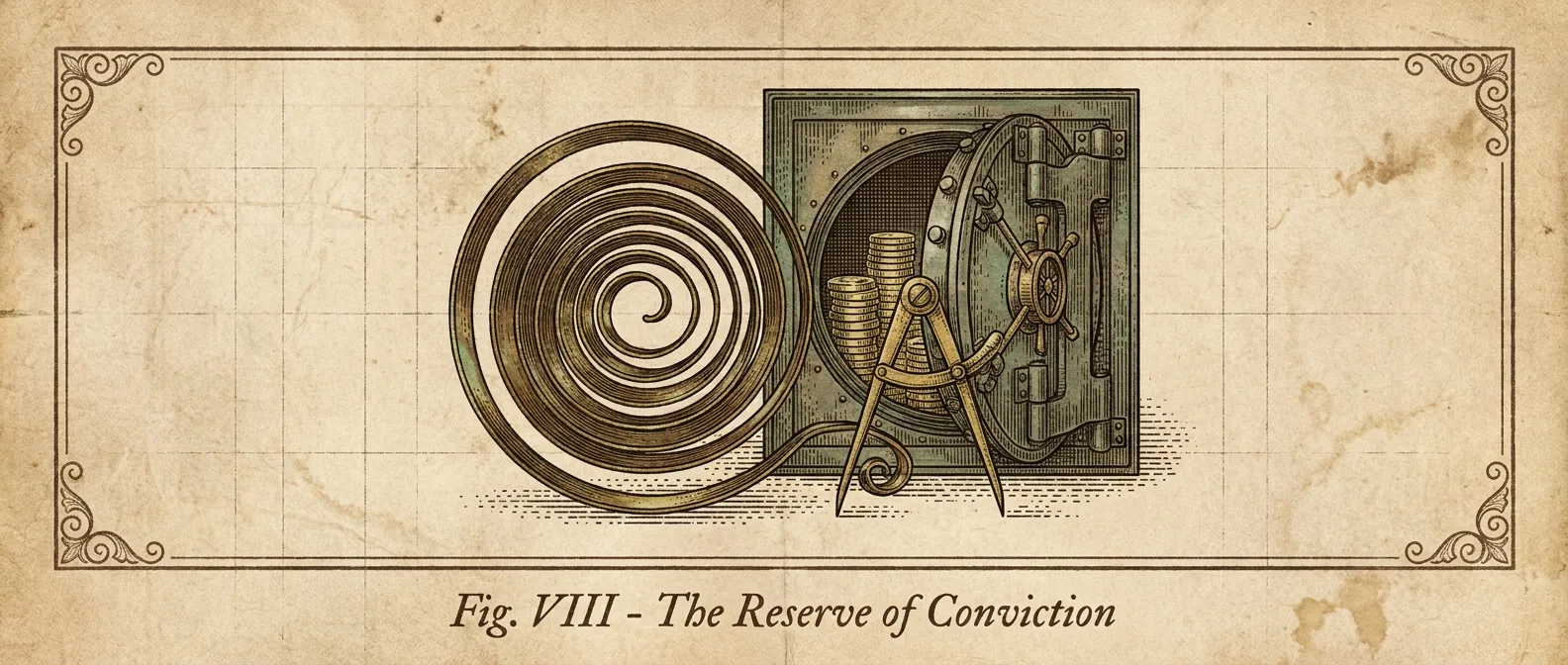 A coiled brass mainspring beside a vault of dormant coins, dividers measuring its tension.