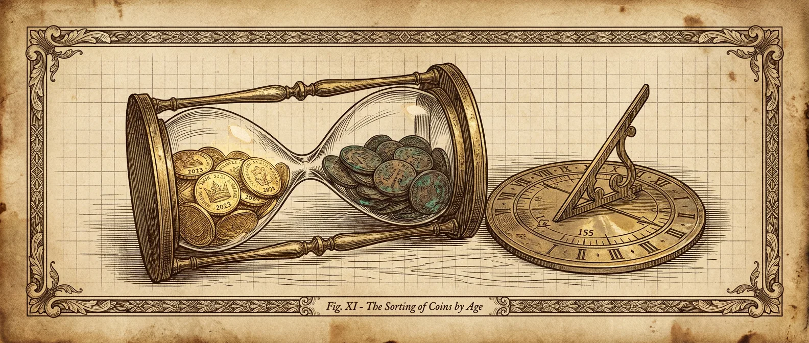 An hourglass sorting bright young coins from old tarnished coins at the 155-day mark.