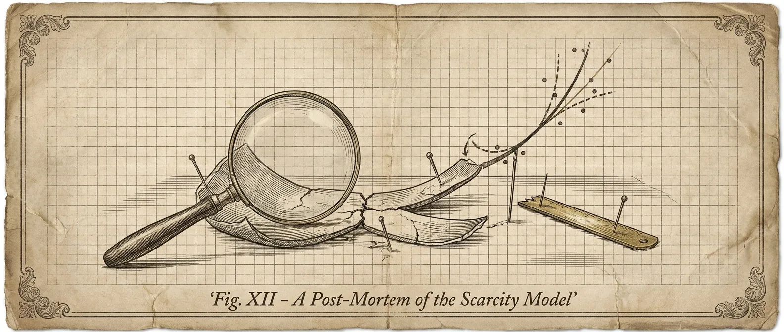 A dissection-table specimen: a cracked regression line pinned under a magnifying glass, a snapped ruler.
