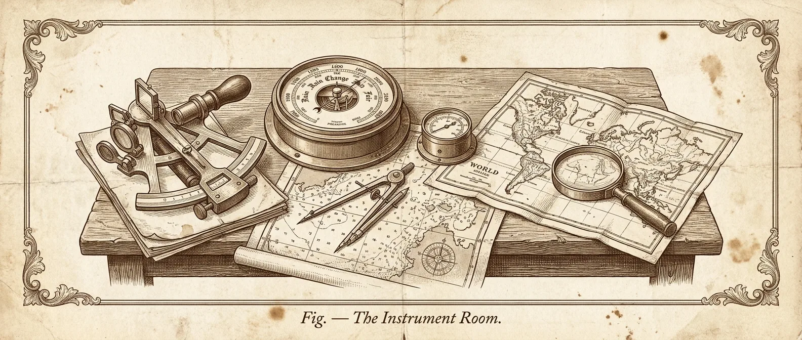 Engraved plate of navigational instruments — sextant, barometer, dividers and charts — captioned The Instrument Room