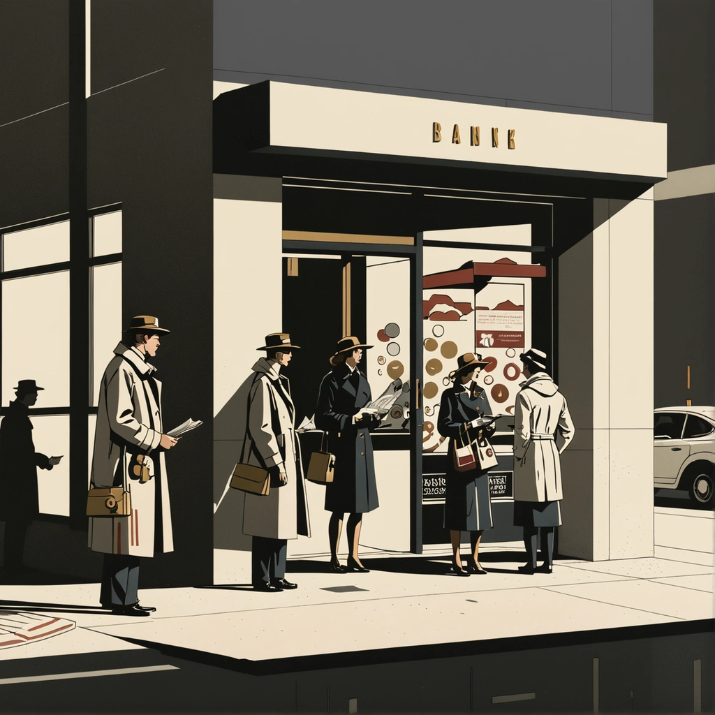 A queue of people in raincoats outside a high-street bank branch at dawn, shutters still down, one man clutching a withdrawal slip.