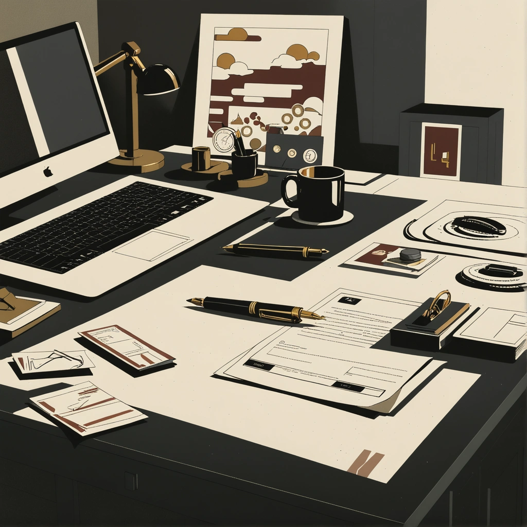 A bank office desk at signing time: a mortgage contract, a pen, and on a monitor behind it a ledger with two new entries appearing at once.