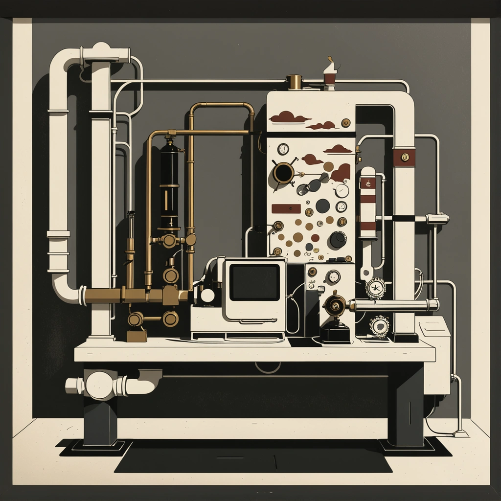 A vast Victorian engine room reimagined as a trading floor: brass pipework labelled SONIA and repo, and in the centre an empty pedestal where a great control dial should be.