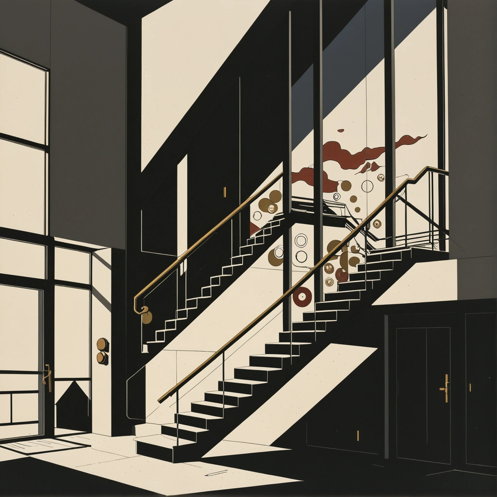 A vast trading-floor screen showing a central bank balance sheet climbing in a smooth staircase, reflected in the glass of an empty high-street bank branch below.