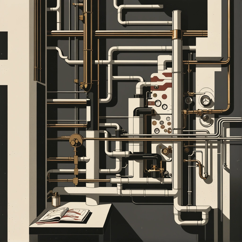 A cutaway view beneath a gleaming bank lobby revealing a dense basement maze of pipes, valves, and pressure gauges, one needle trembling into the red.