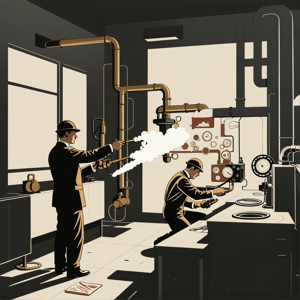 A burst pipe in a dim boiler room spraying under pressure, an engineer's gloved hand jamming a valve shut while warning lights strobe across a wall of gauges.