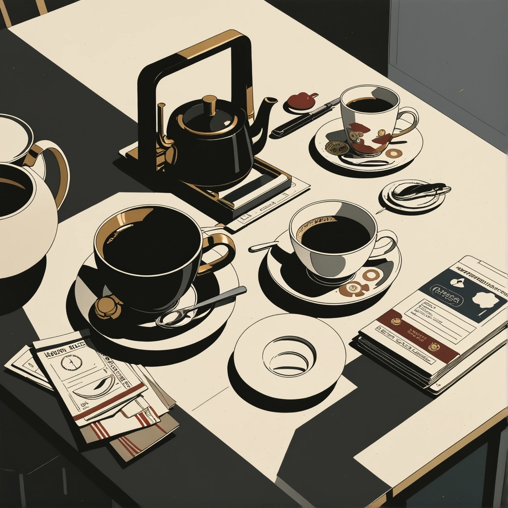 A cluttered breakfast table at dawn, with a cooling cup of coffee beside an untouched teapot, a train ticket, and a wristwatch showing eight minutes past. The small choices of an ordinary morning made visible.