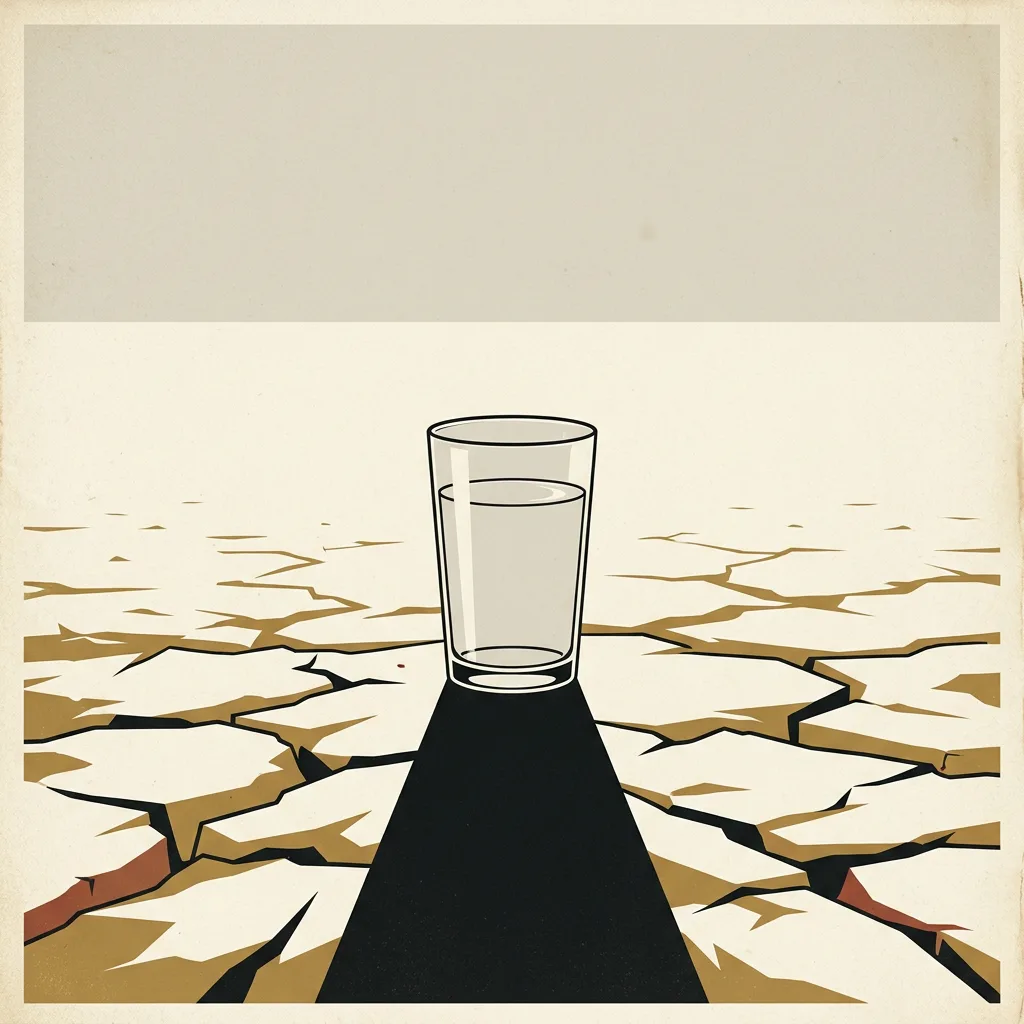 A single glass of water on cracked desert ground — the marginal-utility thought experiment.