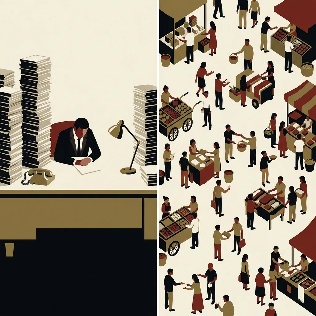 A single bureaucrat at a vast empty desk on the left, a teeming market on the right — the calculation problem made visual.