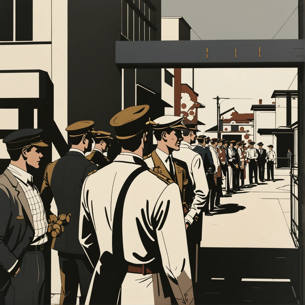 A 1930s labour exchange: a queue of men in flat caps at a shuttered factory gate, idle machinery rusting behind the railings, a single official at a wooden hatch.