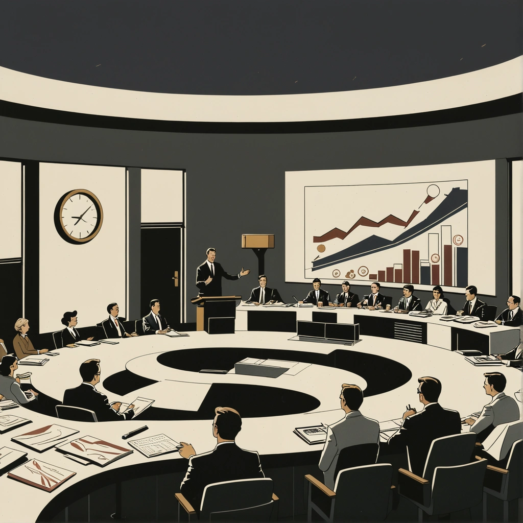 A grey central-bank boardroom where a single line chart of the money supply is projected onto the wall, a lone economist standing at the podium pointing at the curve while empty chairs face him.